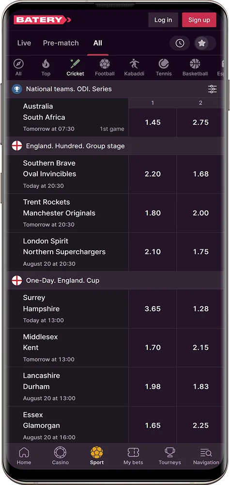 A preview of the sports betting section on Batery Bet India