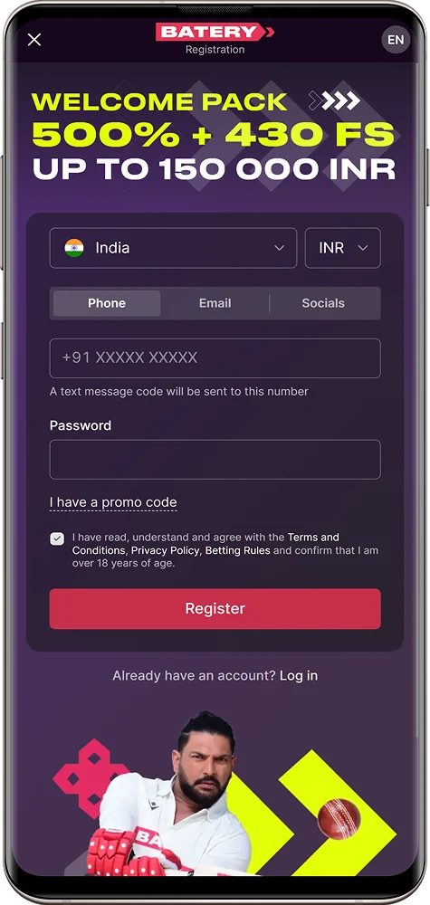 A step-by-step view of the Batery Bet India sign-up page