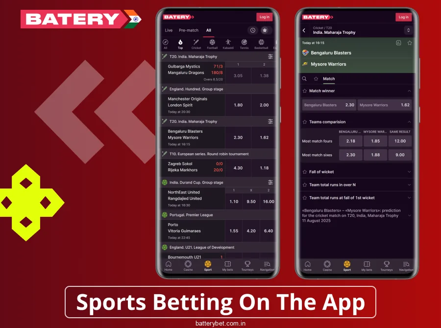 Available sports markets in the Batery Bet India app