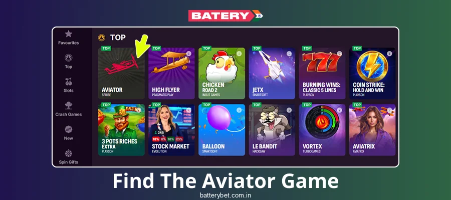 Locate the Aviator game within the Batery Bet India library