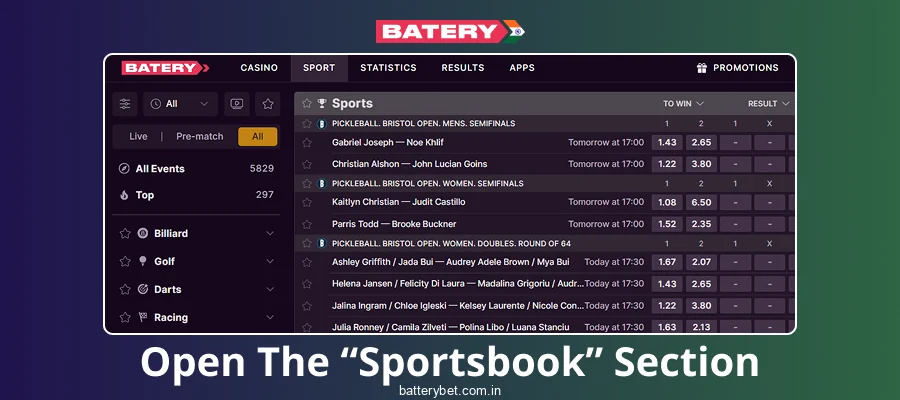 Choose a sports category on the Batery Bet India platform